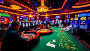 Khela88 Bangladesh players enjoying a vibrant online casino experience with roulette, slots, and poker tables.