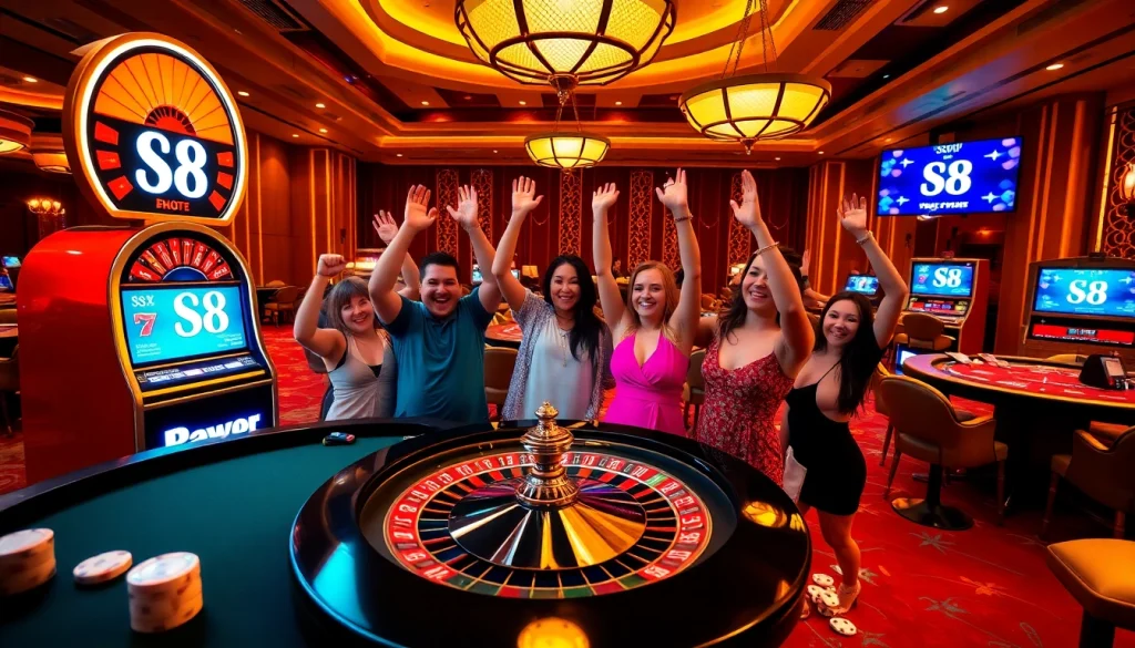 S8 players celebrating a win at a vibrant casino with roulette and poker chips.