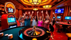 S8 players celebrating a win at a vibrant casino with roulette and poker chips.