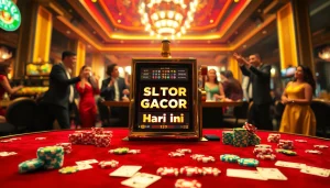 Illustration of a luxurious casino scene highlighting Slot Gacor Hari ini with poker chips and slot machines.