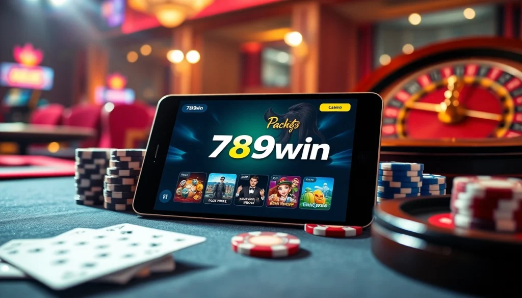 The 789win app showcased on a tablet amid vibrant casino-themed props like chips and cards.