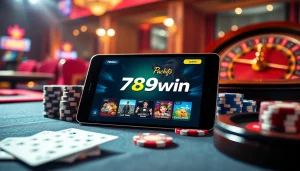 The 789win app showcased on a tablet amid vibrant casino-themed props like chips and cards.