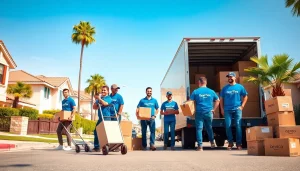 Moving Company San Diego team loading a truck with boxes in a sunny neighborhood.