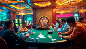 Players eagerly betting at XX88 casino, showcasing vibrant chips and roulette excitement
