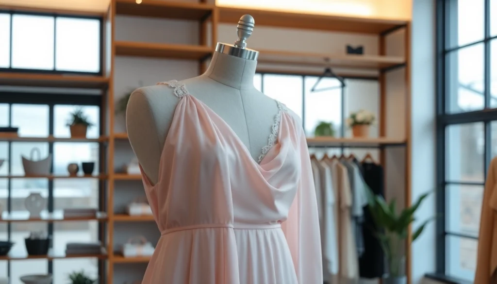 Showcasing Rivelle fashion in a chic boutique setting with elegant pastel dress and warm ambiance.