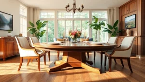 Showcase an elegant extension table set for dining in a beautifully decorated room.