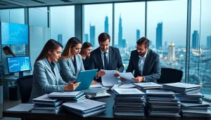 Professional team collaborating in a Dubai auditing office, focused on VAT Return Filing.