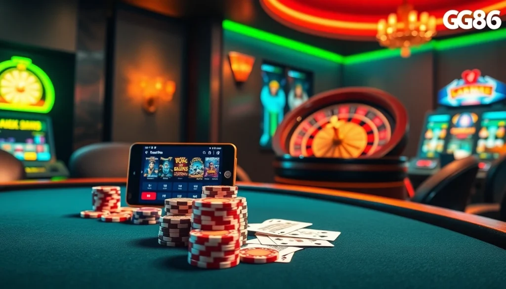 Experience the excitement at Trang chủ GG88, showcasing vibrant casino games with a lively poker table and slot machines.