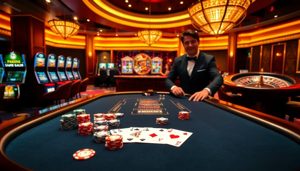 Enjoying a thrilling game of poker at https://bong99.pro/, showcasing poker chips and cards in an elegant casino setting.