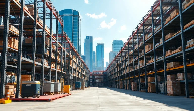 Locate a modern warehouse near me featuring organized loading docks in a vibrant urban setting.