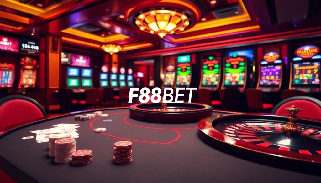F88BET logo featured in a luxurious casino scene with poker tables and slot machines.