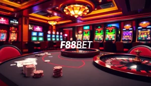 F88BET logo featured in a luxurious casino scene with poker tables and slot machines.