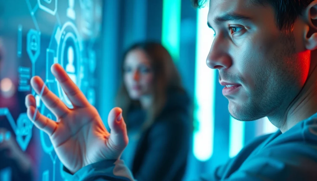 Engage with a Human Interface with AI showcasing dynamic interaction between user and holographic display.