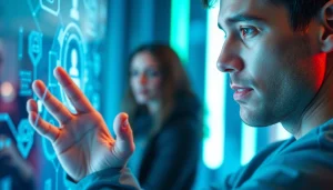 Engage with a Human Interface with AI showcasing dynamic interaction between user and holographic display.