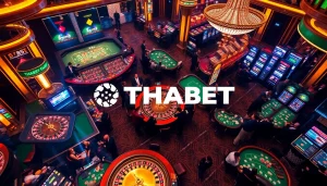 Players enjoy an exciting scene at THABET casino, featuring vibrant gaming tables and slot machines.