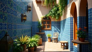 Beaux carreaux de zellige dans une cour marocaine, mettant en valeur des couleurs vives et des motifs complexes