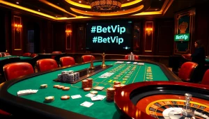 Cảnh casino đầy năng lượng có Bet Vip, với chip poker, bài và bánh xe roulette.