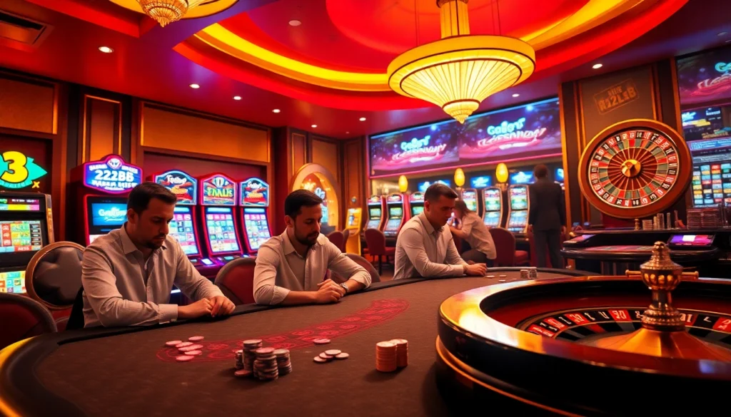 Engage with thrilling action at the 123B casino featuring a vibrant poker table and exciting slot machines.