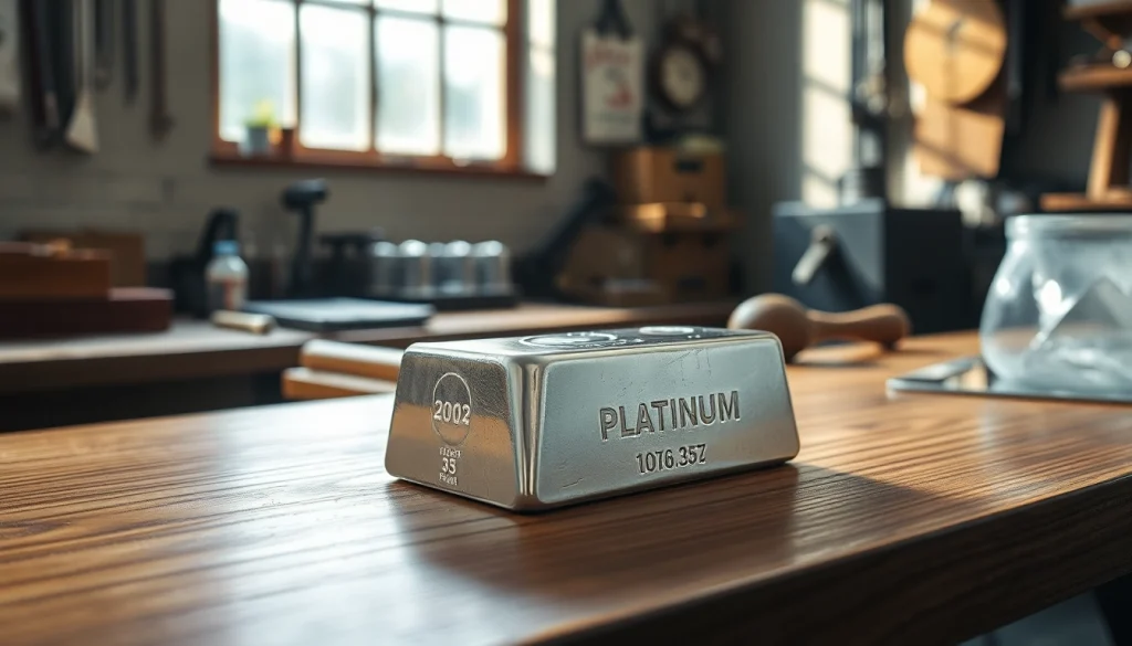 Highlighting platinum ingot's shimmering surface and intricate details on a polished surface.