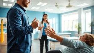 Engaged physiotherapy Edmonton session highlighting therapist assisting a patient with rehabilitation exercises.