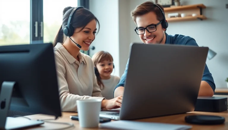 Residential IT support technician helping a family troubleshoot technology issues in their cozy home office.