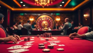 Nohu poker action in a luxurious casino with vibrant atmosphere and strategic gameplay excitement.