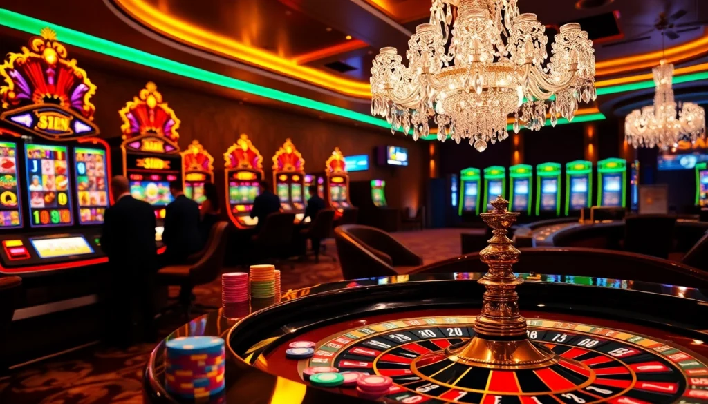 S8 casino players enjoying vibrant slot machines and roulette tables in a luxurious setting.