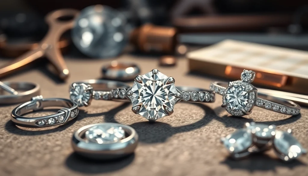 Showcase of platinum jewelry with intricate designs and sparkling diamonds.