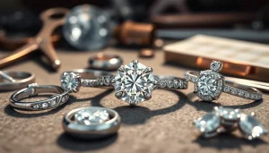 Showcase of platinum jewelry with intricate designs and sparkling diamonds.