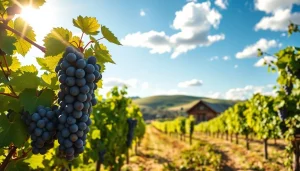 Visit clarksburg wineries surrounded by ripe grapevines under a bright blue sky.