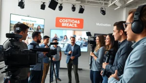 Capture the essence of Corporate Video Production with a dynamic team brainstorming in a vibrant studio.