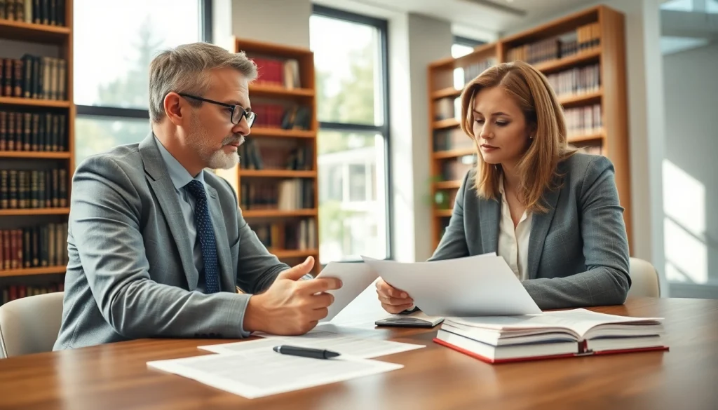Eminent domain lawyer advising a client in a bright office setting with legal documents.