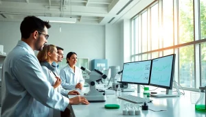 The innovative research lab focusing on win55 cannabinoid studies with diverse scientists examining data.