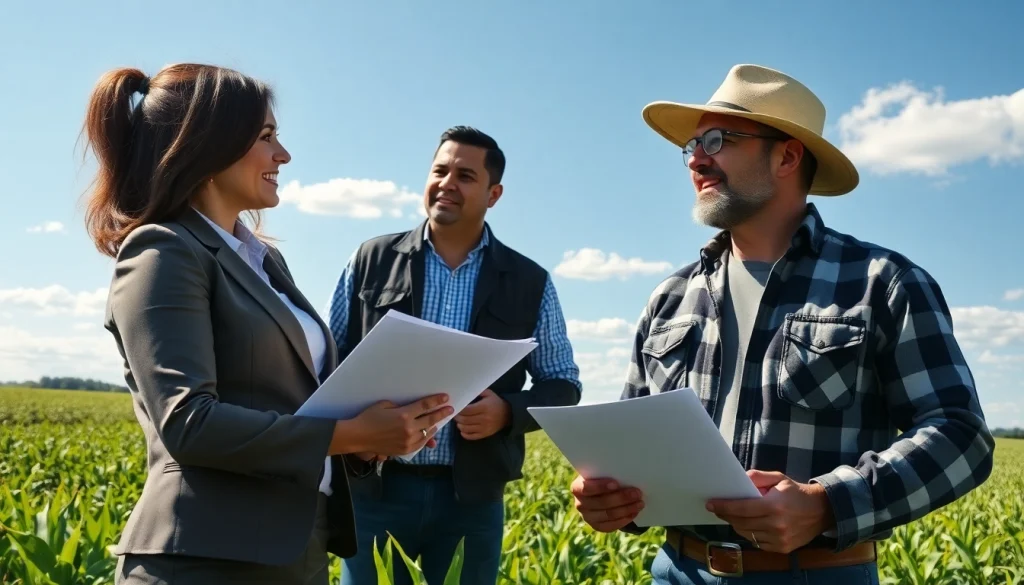 Engaged farmer consulting on agriculture law with a professional lawyer in a sunny field.