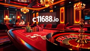 Engage with the excitement of c168.io in a luxurious casino atmosphere filled with poker chips and roulette wheels.