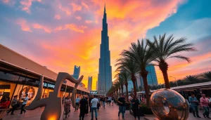 Vibrant Dubai skyline at sunset highlighting UAE news updates with people enjoying the lifestyle.
