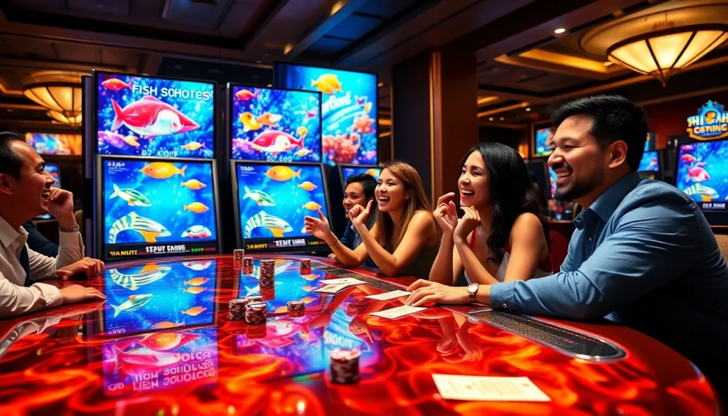 Engaging scene of players enjoying bắn cá đổi thưởng, showcasing thrilling fish shooting action in a colorful casino.