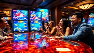 Engaging scene of players enjoying bắn cá đổi thưởng, showcasing thrilling fish shooting action in a colorful casino.