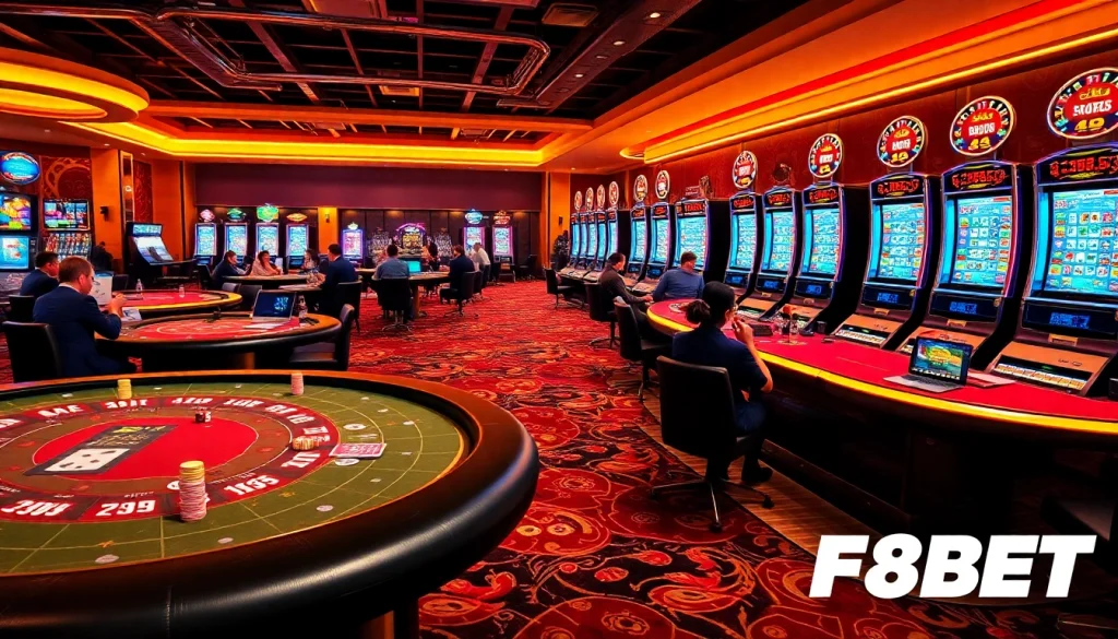 Players engaging in thrilling casino games at F8BET with vibrant tables and exciting atmosphere.