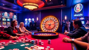 Players engaging at a poker table in a luxurious casino setting, showcasing exciting moments of gambling at okwwin.