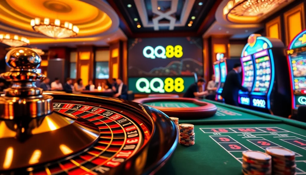 Experience the thrill of gambling at nhà cái qq88 with vibrant casino action, poker chips, and roulette wheel.