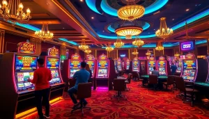 Engaging scene of players experiencing excitement at slot machines featuring Slot Gacor Hari ini.