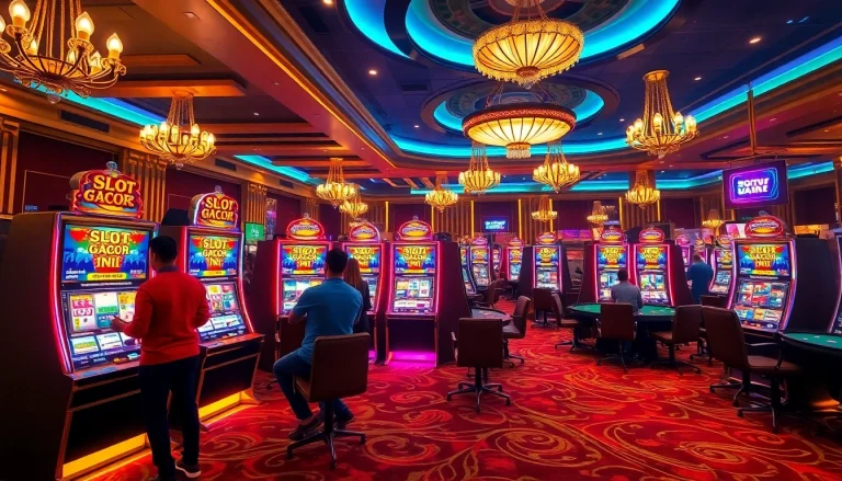 Engaging scene of players experiencing excitement at slot machines featuring Slot Gacor Hari ini.