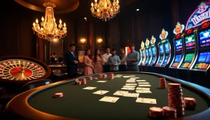 Gamblers engaged in a vibrant scene at the luck8 casino, showcasing poker tables and exciting games.