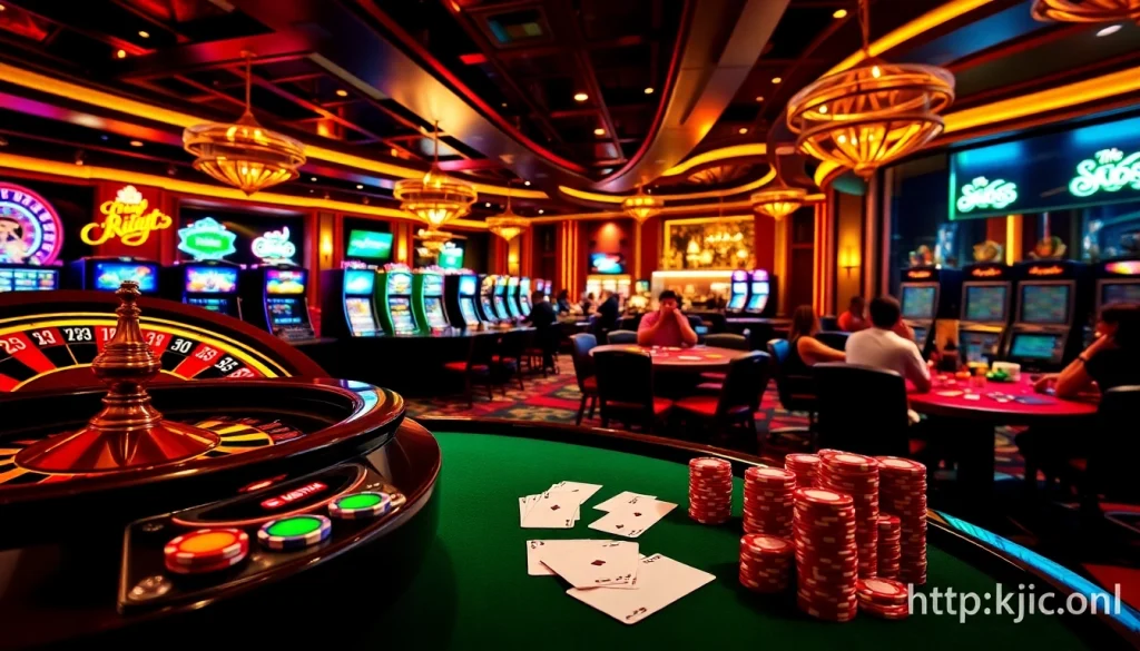Winning excitement at https://kjc.onl/, showcasing a luxurious casino scene with roulette and poker.