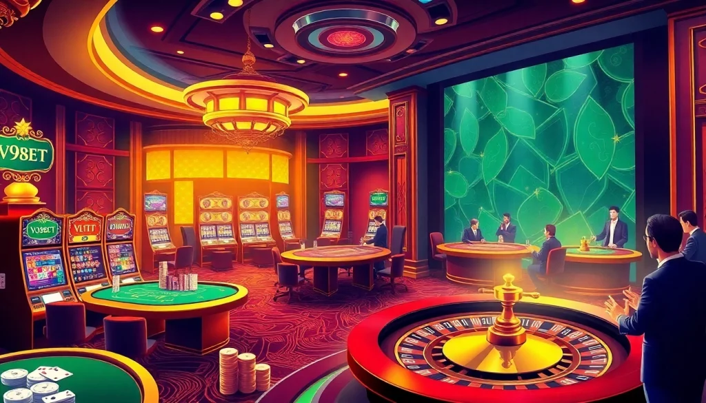 Exciting V9bet online casino scene with luxurious tables, colorful slot machines, and vibrant ambiance.