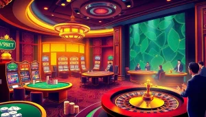 Exciting V9bet online casino scene with luxurious tables, colorful slot machines, and vibrant ambiance.