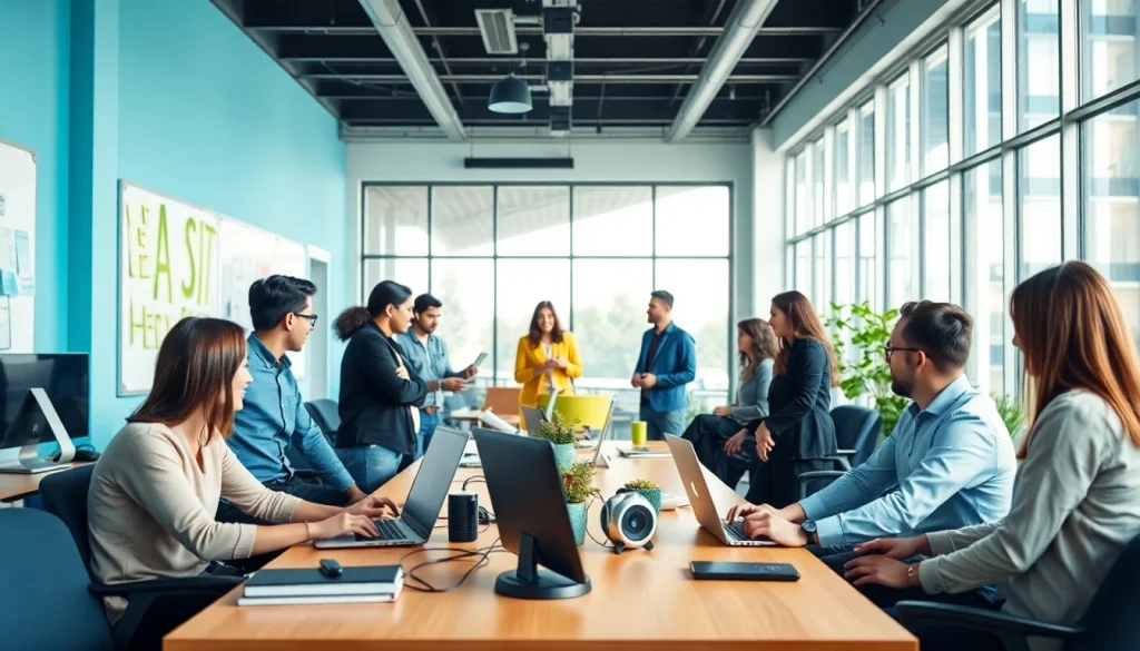 Engaged team collaborating on innovative ideas for an ai startup in a vibrant office.