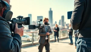 Capture of a video production edmonton crew collaborating in an urban setting for a corporate project.