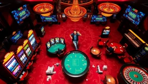 Players enjoying a vibrant casino floor with MM88 LINK for online betting options.